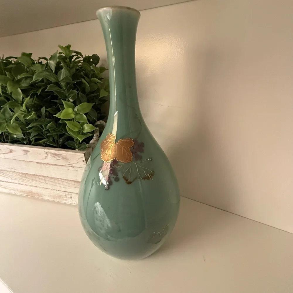 Asian Turquoise Gilt Decorated Crane Neck Porcelain Glazed Large Vase #2